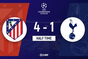 半场-马竞4-1热刺 金斯基连送大礼后被换下 格列兹曼小蜘蛛破门