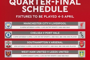 足总杯1/4决赛开球时间出炉:4月4日19:45曼城vs利物浦