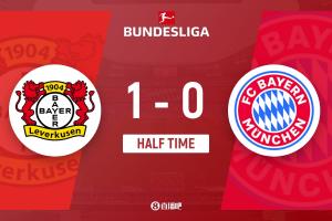 半场-拜仁暂0-1勒沃库森 路易斯·迪亚斯被断致丢球杰克逊直红