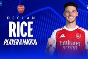 攻防俱佳!赖斯当选阿森纳vs勒沃库森全场最佳球员