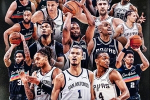 马刺官方晒2026西南赛区冠军海报:文班C位 福克斯瓦塞尔左膀右臂