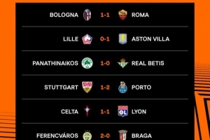 欧联杯1/8决赛首回合赛果：五大联赛球队仅维拉取胜