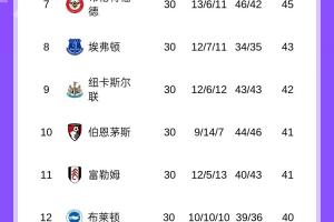 英超积分榜：后7名本轮全部踢平，布伦特福德距第6切尔西3分